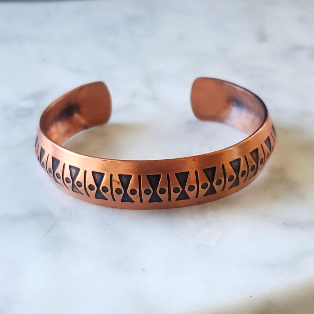 Vintage Genuine Copper Cuff Bracelet with an Impressed Black Geometric design